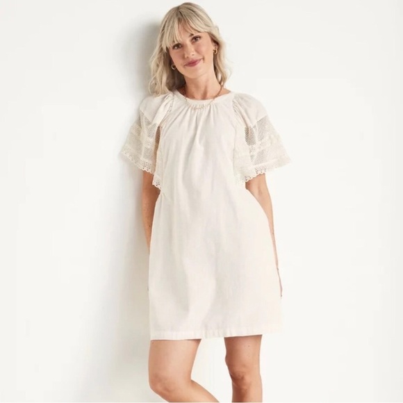 Resort Mini Dress Women’s L Ivory Cotton Flutter Crochet Cottage Peasant Beach - Picture 1 of 7